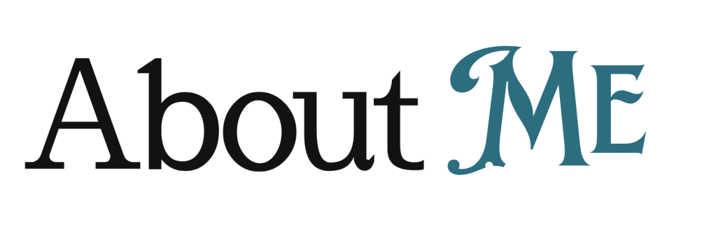 about me with me in a flourishing blue font