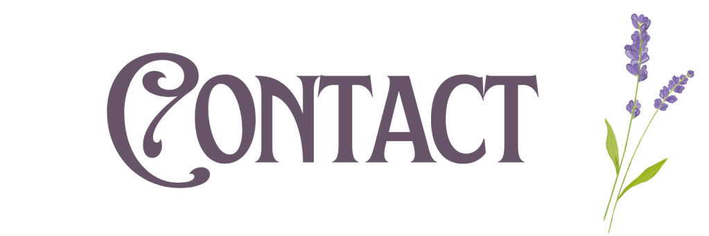 contact in purple, pretty font with a bush of lanvender to the right